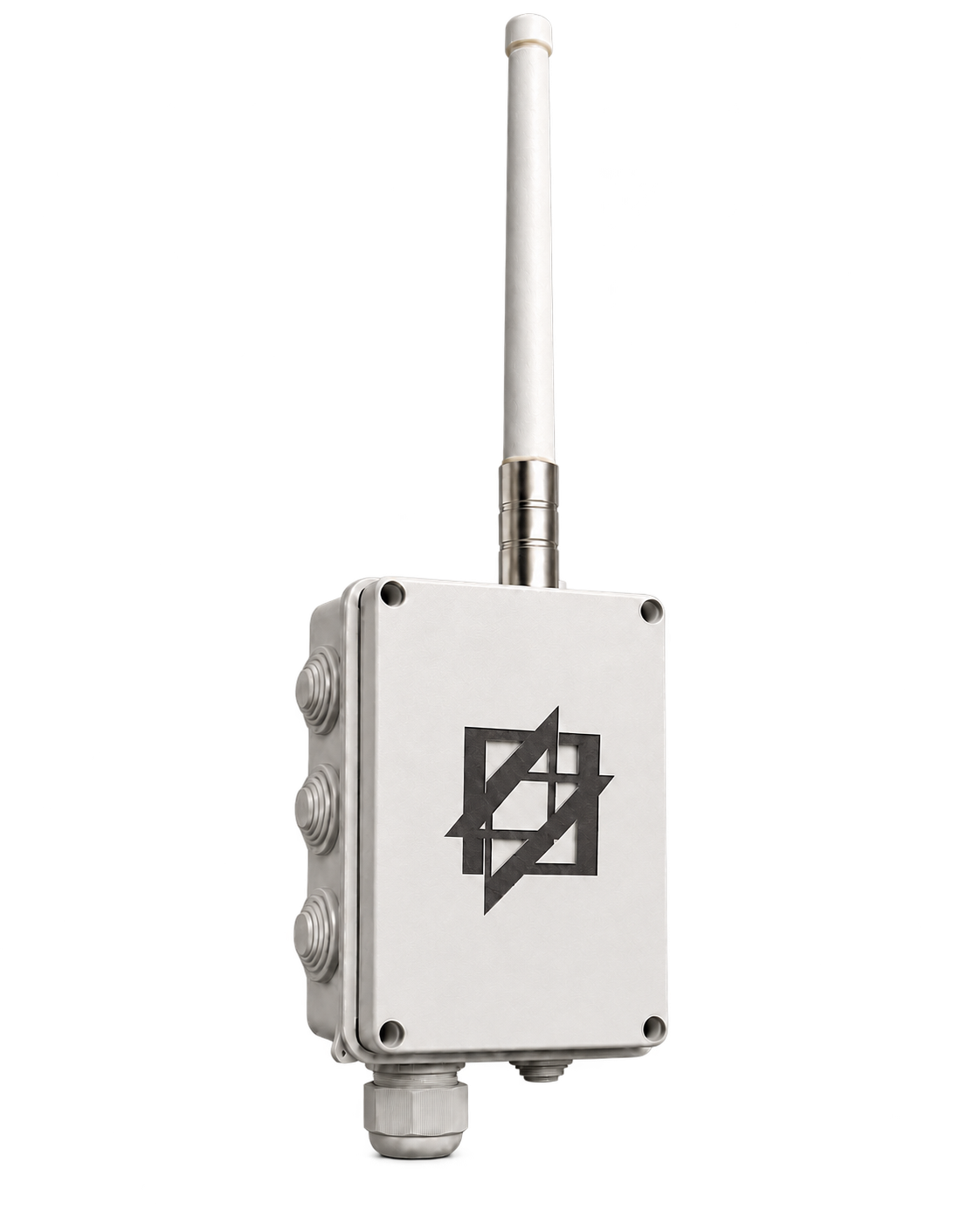 DRYAD modular Remote ID sensor node with antenna, radio expansion ports and an etched DROSINT gate emblem