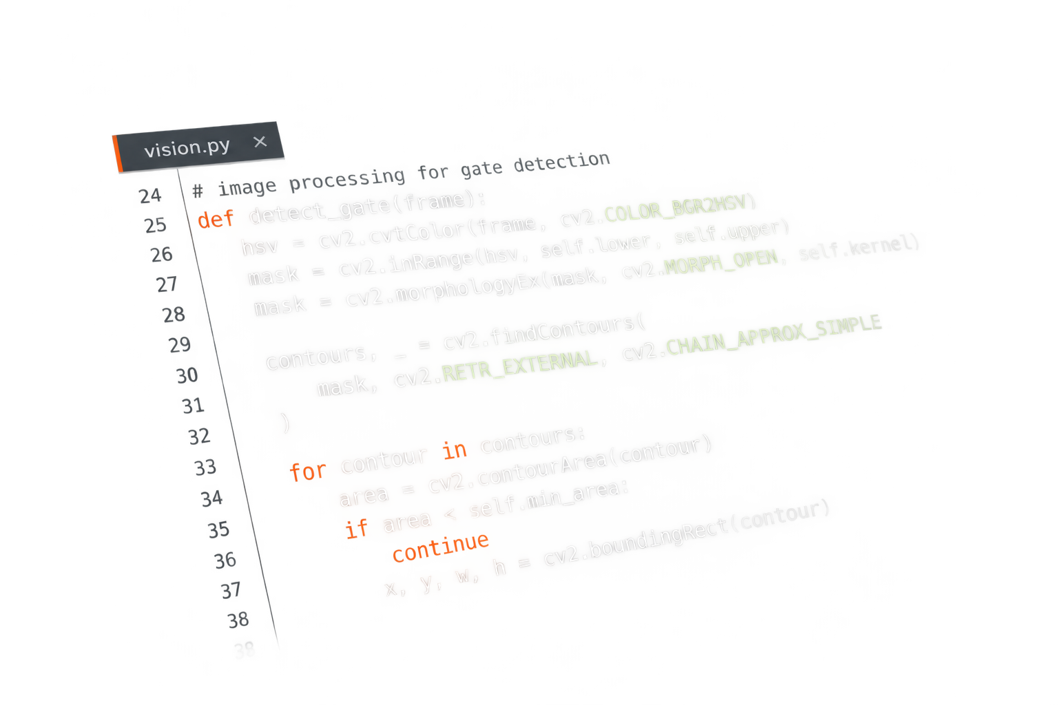 Python and OpenCV code detects orange gates in a camera frame