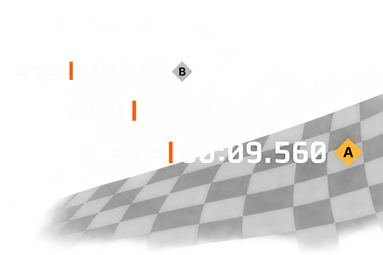 Three improving run times step down and right, from a Silver first run to a larger Gold final result over a faint diagonal checkered flag
